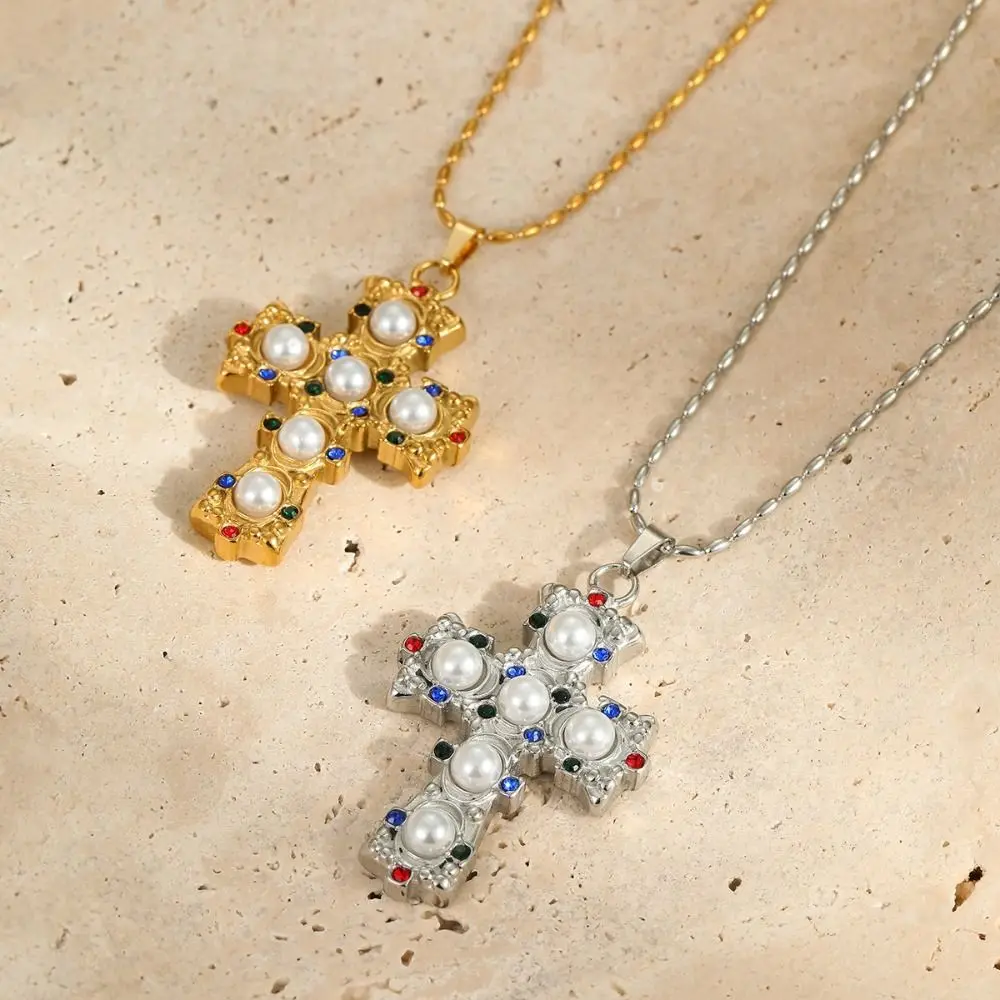 

Exquisite Cross Pendant Necklace Geometry Colored Zircon Pearl Necklace Charms Stainless Steel Vintage Jewelry Necklace Unisex