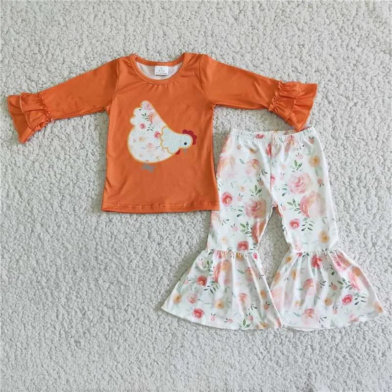 New Spring Fashion Kids Chick Orange Top Print Flared Pants Boutique Wholesale Baby Girls Children Clothing Outfits