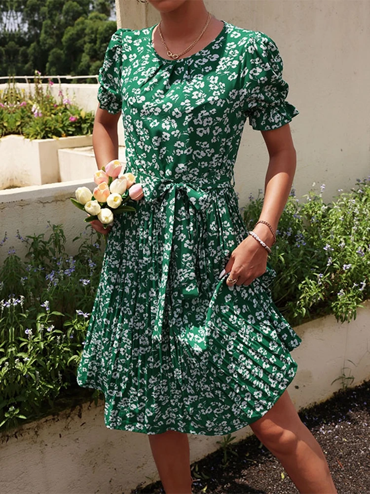 M Fashion Women Summer 2023 New O Neck Short Sleeve Lace Up Green Pleated Print Floral Dress For Female