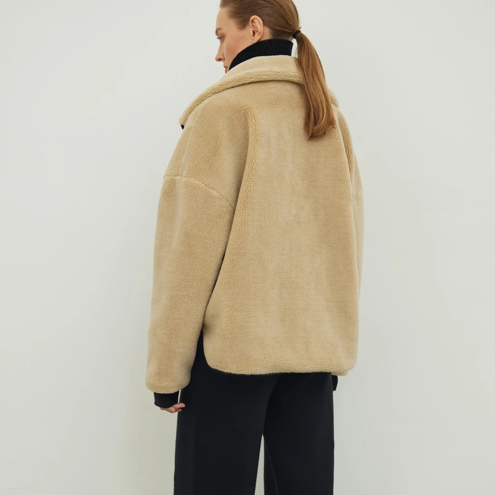 Turtleneck mkyn, jacket-cardigan with zipper, street warm insulated outerwear from artificial fur