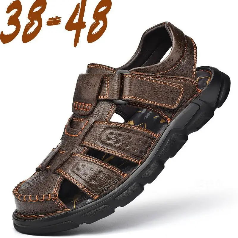 2024 Men Genuine Leather Shoes Men's Sandals Durable Handmade Stitching Close Toe Non Slip Shoes For Indoor Outdoor Beach