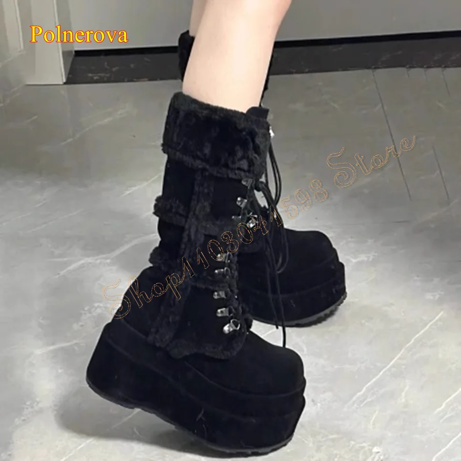 Winter Furry Lace Up Boots for Women,Non Slip Thick Sole Mid Calf Boots Retro Party High Heel Boots 2024 New Zapatos Para Mujere