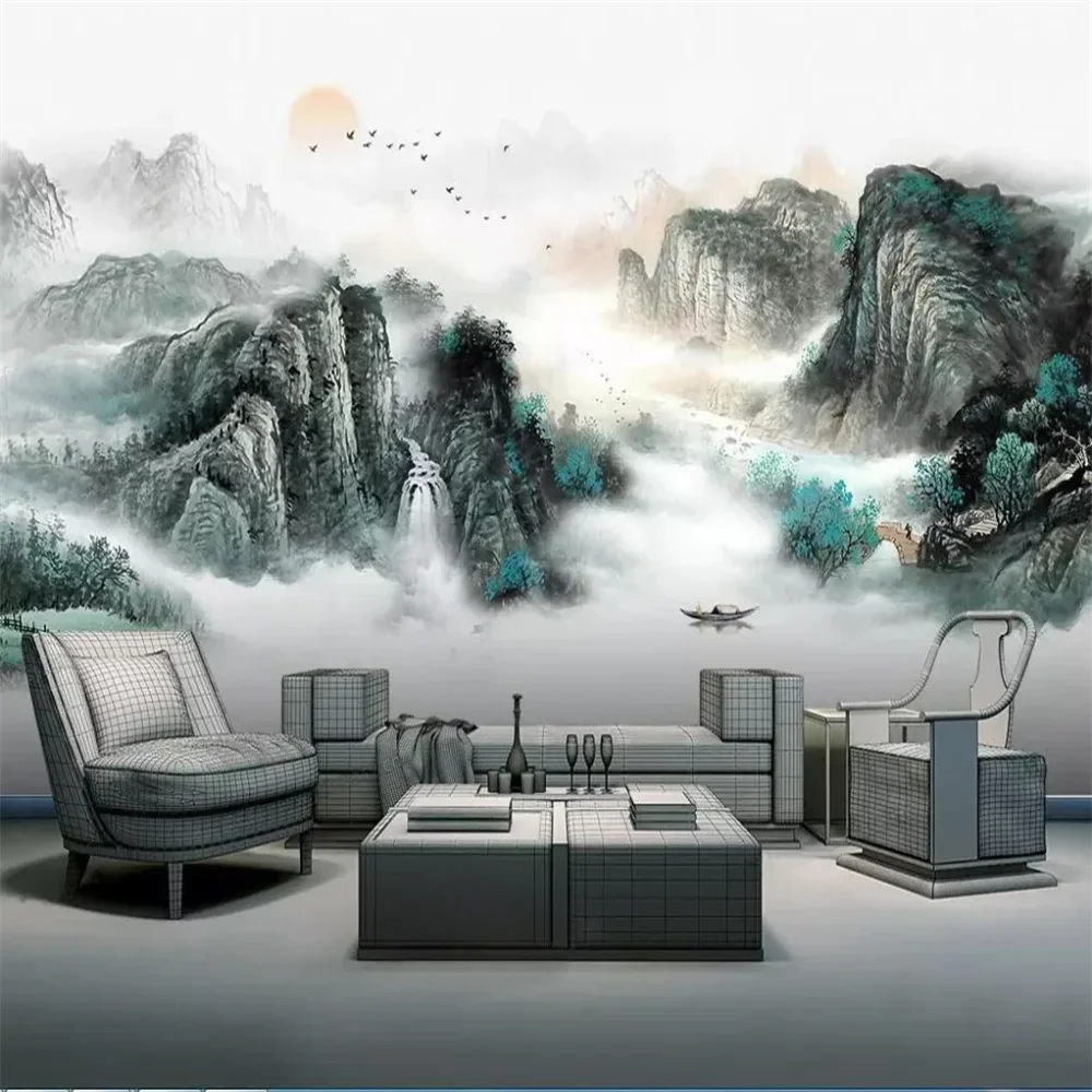 custom Landscape scenery photo wallpaper for living room vinyl flooring wall paper home decoration Ink landscape painting murals