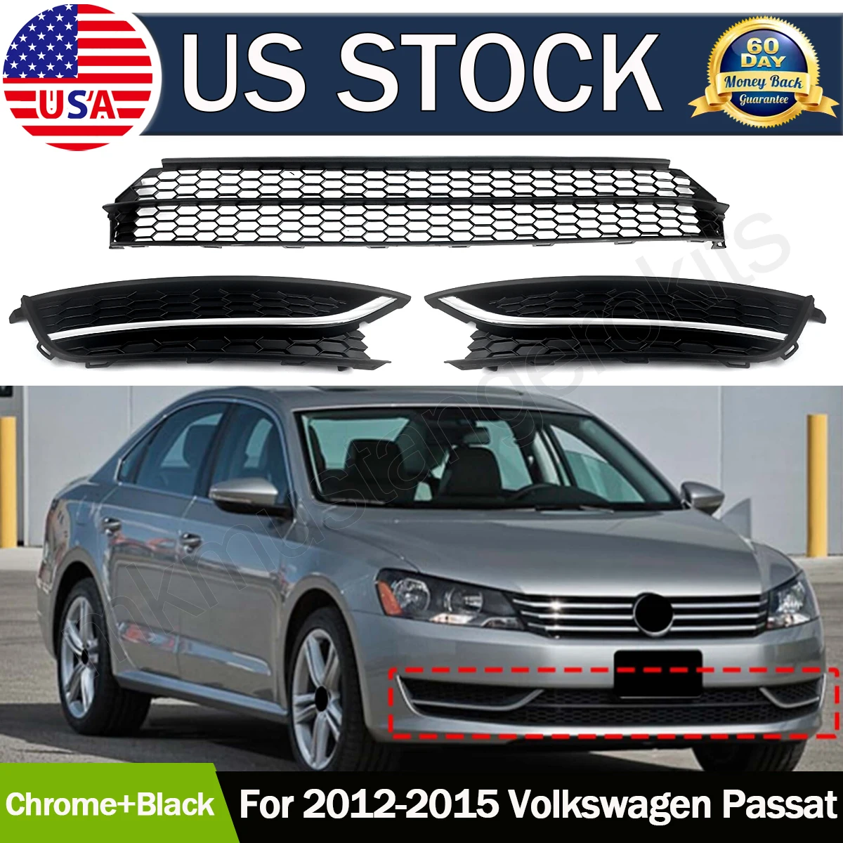 

SAIQINGSP For Volkswagen Passat 2012-2015 Chrome+Black Front Bumper Lower Grille Car Accessories Tools