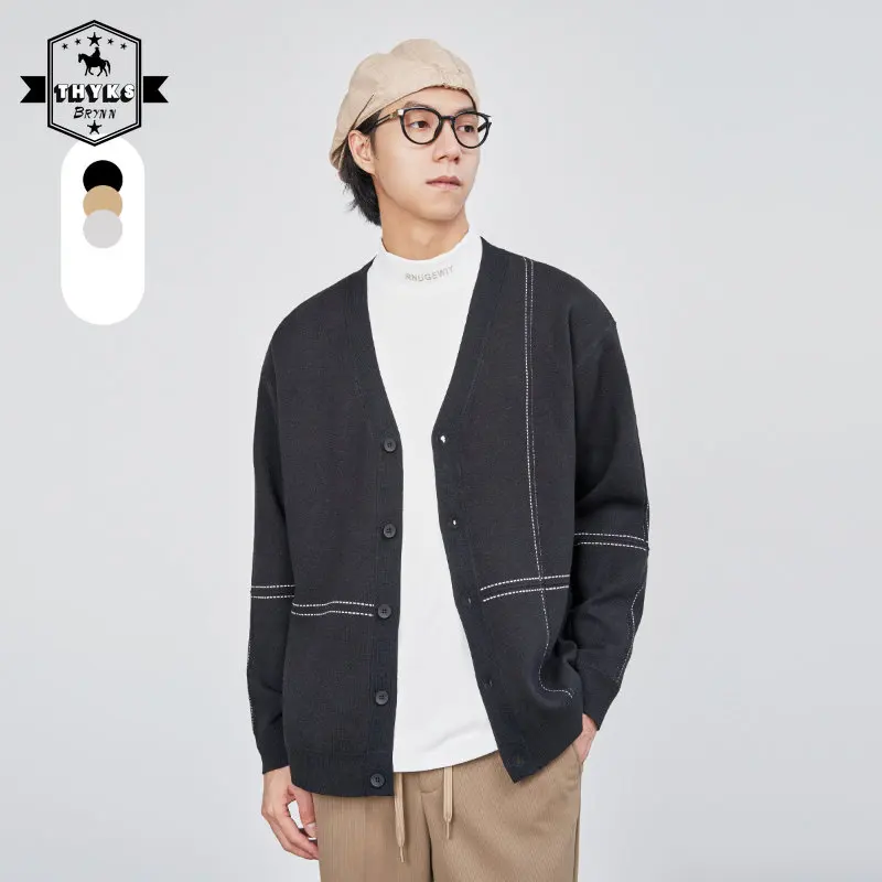 

AutumnWinter Cardigan Sweater Men Embroidery V-neck Long Sleeves Sweaters Causal Loose Korean Couple Knitted Coat Mens Clothes