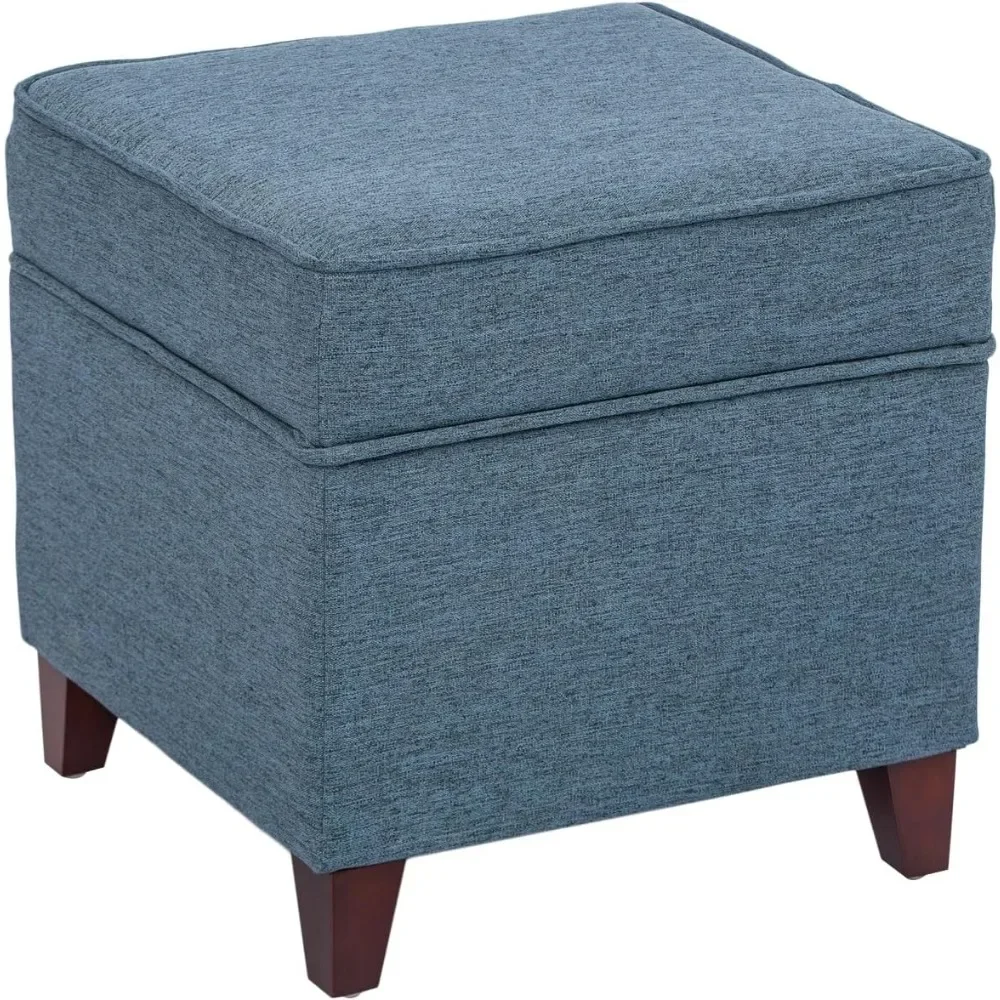 Square footstool with storage space, small storage footstool with hinged lid, blue linen upholstered footstool