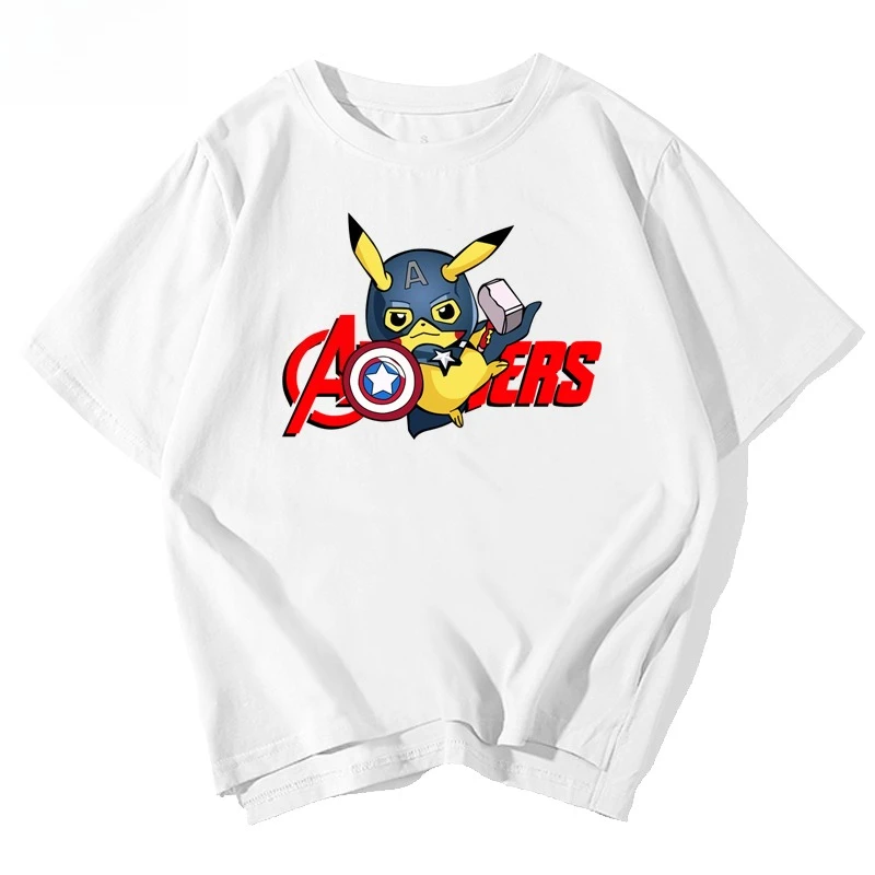 

Captain America Joint Pikachu Short-sleeved for Boys and Girls Fun Half-sleeved T-shirt on Clothes Sports Casual Short Sleeves