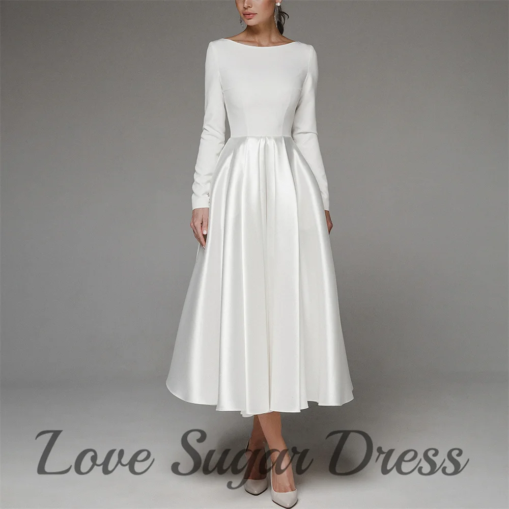 

Elegant A Line Mid Wedding Dresses With Pockets O Neck Long Sleeves Bridal Gowns Satin Pleated Bride Dress vestidos de novia