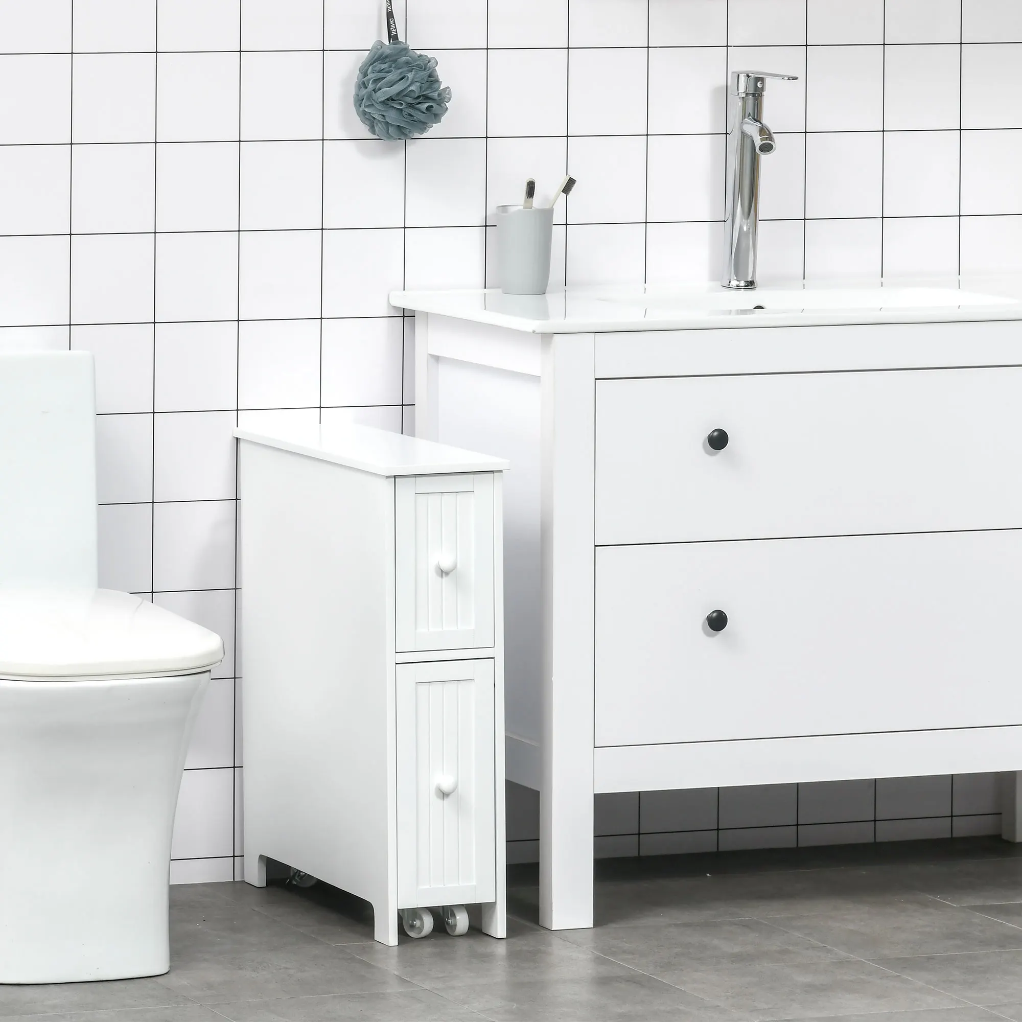 Slim Bathroom Cabinet, Freestanding Storage Cabinet, Toilet Paper Holder with Two Drawers, Side Towel Rack, and Wheels, 7 x 20.