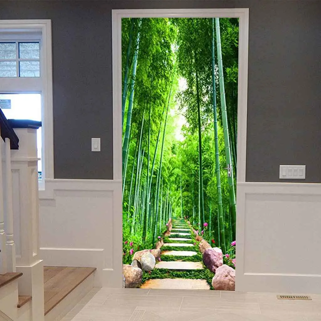 Green Bamboo Phalaenopsis  3D Door StickerWallpaper for Bathroom Washroom Decoration Decal Peel & Stick Vinyl Mural Wall Poster