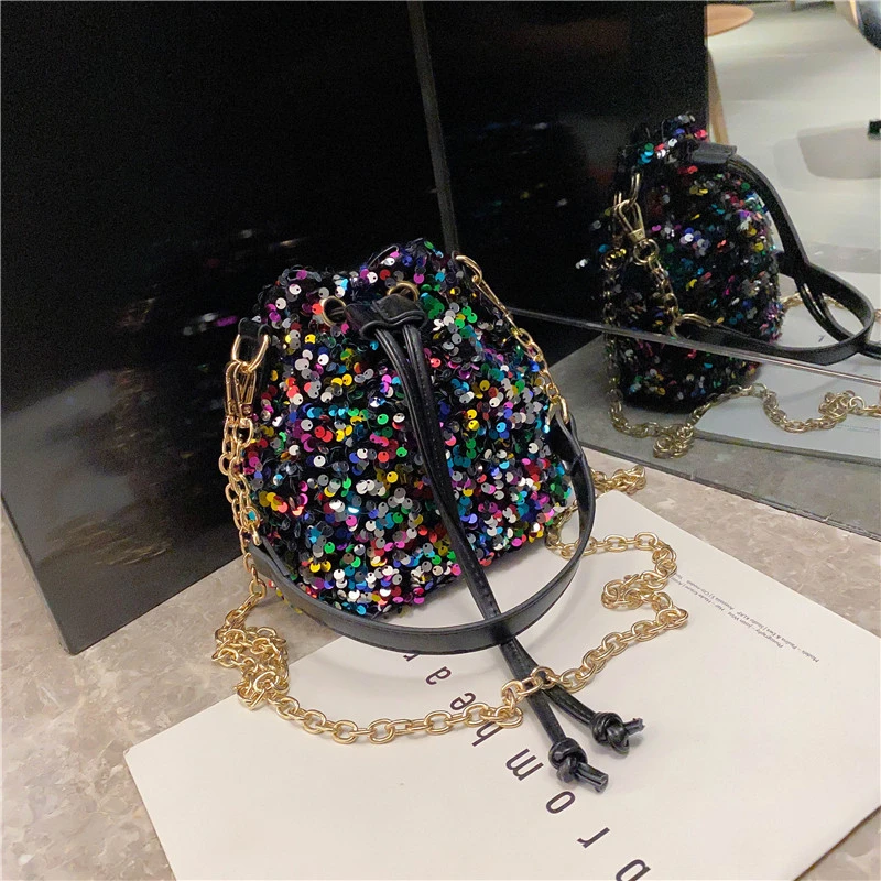 PU Sequined Bucket Shoulder and Hand Bags Soild String Chains Women‘s Bags 2024 Fashion New Style Hot Sale Bolsa Balde Feminina