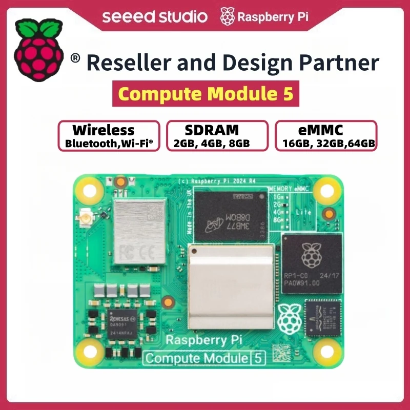 Official Raspberry Pi Compute Module 5-4GB RAM, 32GB EMMC, 2.4/5.0GHz Wi-Fi Bluetooth 5.0 (CM5104032) Package Linux OS