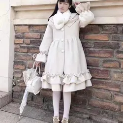 Autumn Winter Japanese Sweet Lolita Coat Kawaii Woman Woolen Coats Cute Ruffles A-line Loose Jacket Outerwear