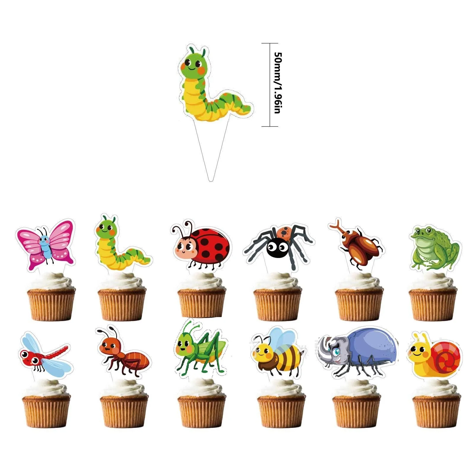 Insect Theme Children Birthday Party Decoration, Insect Cake Toppers,Ladybug Snail Bee Butterfly Caterpillar Cake Insert,12pcs