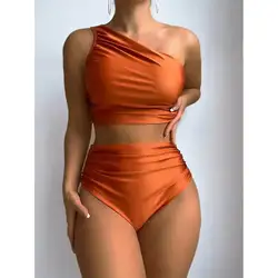 Cikini Summer Beach One Shoulder Ruched Bikini Set, Solid Color Sexy Swimwear Bathing Suit For Wome