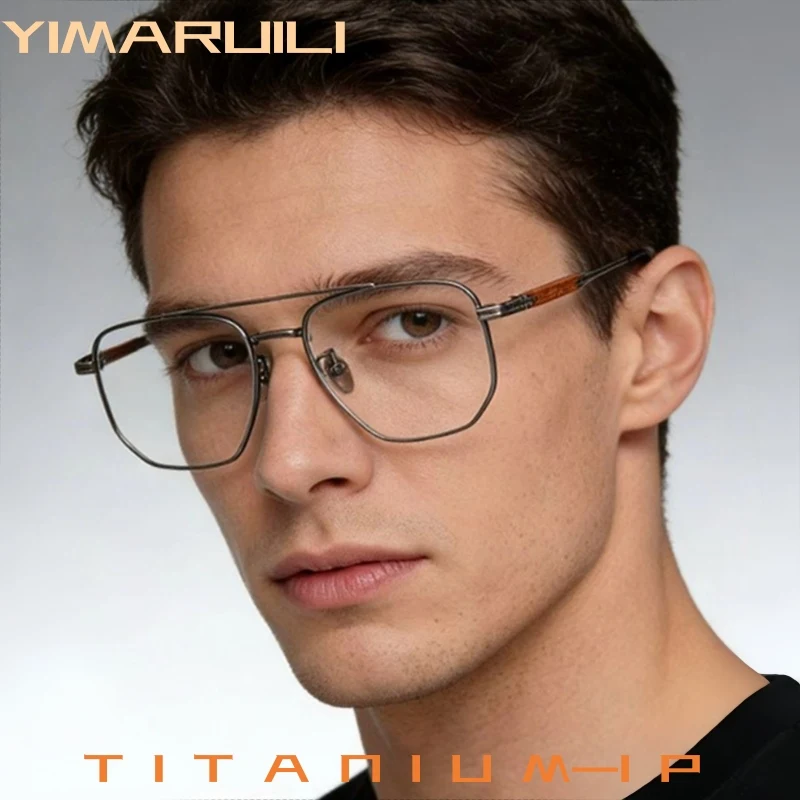 

YIMARUILI Men's Fashion Trendy Pilot Eyeglasses Frame High Quality Pure Titanium Sandalwood Ultra Light Retro Women Glasses 606