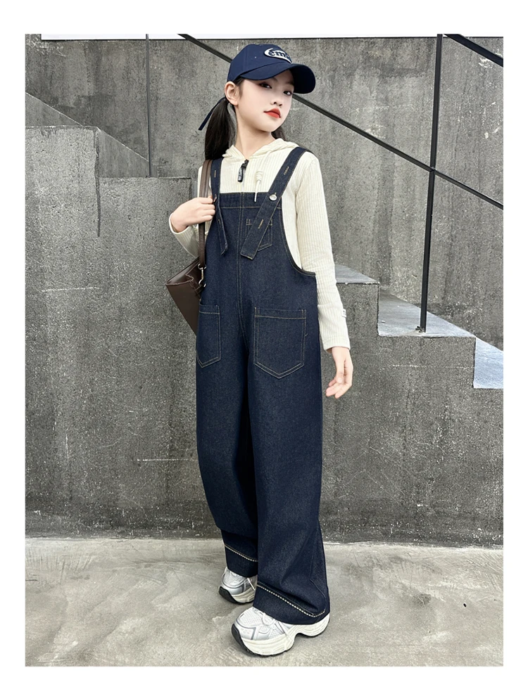 Kinder Vintage Dunkelblauer Denim-Overall für Mädchen, Modischer Jumpsuit, High-Street-Oberbekleidung, Kinder-Teenager-Latzhose mit Trägern, Größe 5-14 – Detail 3