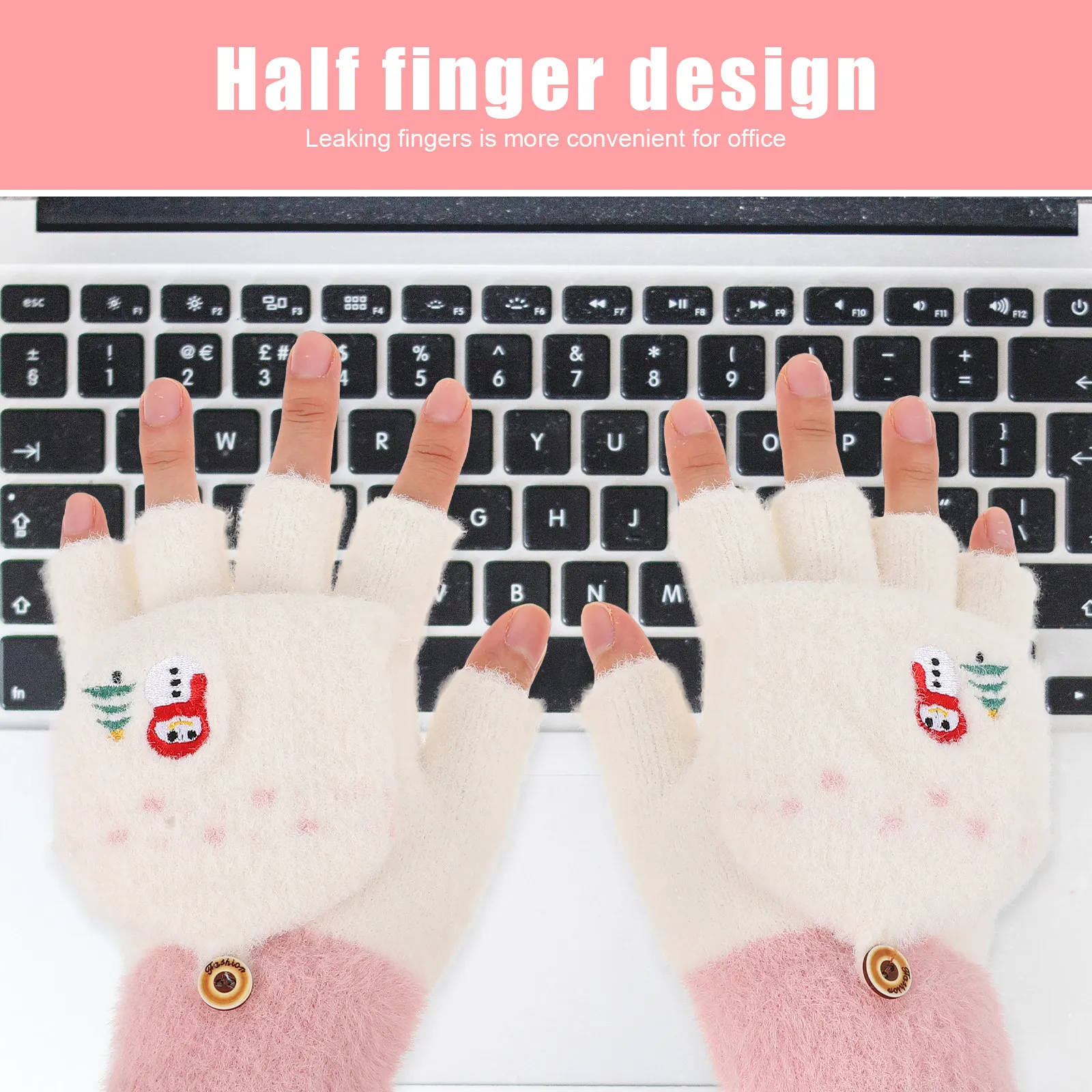 Kids Winter Gloves Flip-Cover Half-Finger Acrylic Knitted Warm Soft Cartoon Design for Children