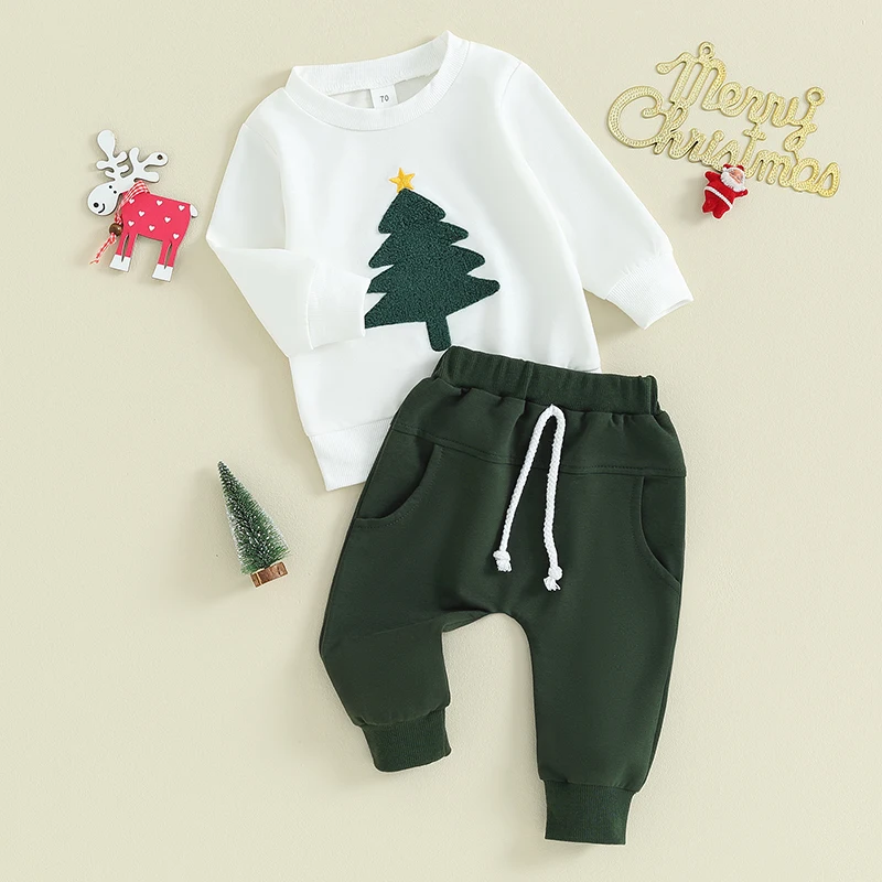 Tenues de Noël brodées d'arbre de Noël pour tout-petits garçons, manches longues PVD, pantalons longs en Y, ensemble de vêtements pour garçons, 2 pièces