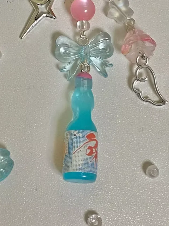aesthetic y2k beaded pink teal japanese ramune soda star keychain