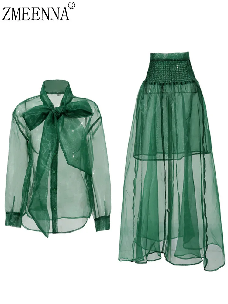 

ZMEENNA Elegant Two-piece Set New Bow Design Chic Women's Sheer Tie Blouse High Waist Maxi Skirt Fashion Two Piece Outfit ZM1023