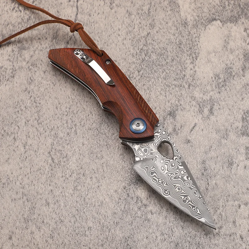 Vg10 Damascus steel Red Rosewood folding outdoor knife mini portable self-defense knife folding knife pocket fruit knife