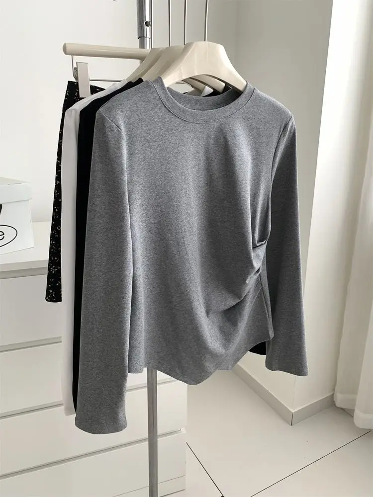 

Футболки с длинными рукавами для подростков, женские весенние плиссированные манжеты с завязками на талии, художественные женские современные многослойные четкие умные чистые футболки