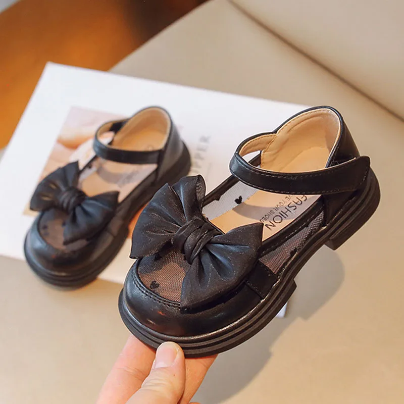 

Туфли принцессы для девочек с большим бантом, весенне-летние детские кожаные туфли с круглым носком, дышащие детские сандалии с сеткой для девочек CSH1609