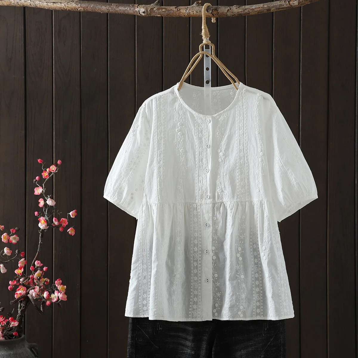 ใหม่2025ฤดูร้อนผ้าฝ้ายแขนสั้นเสื้อผู้หญิงOคอเย็บปักถักร้อย, Moriสาวลดอายุสบายๆหลวมเสื้อตุ๊กตาT55852CC