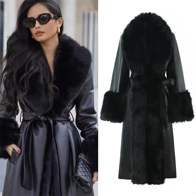 

Женское пальто 2026 Весна Новинка Черное с длинным рукавом в европейском и американском стиле из искусственной кожи Стильное и модное Элегантное