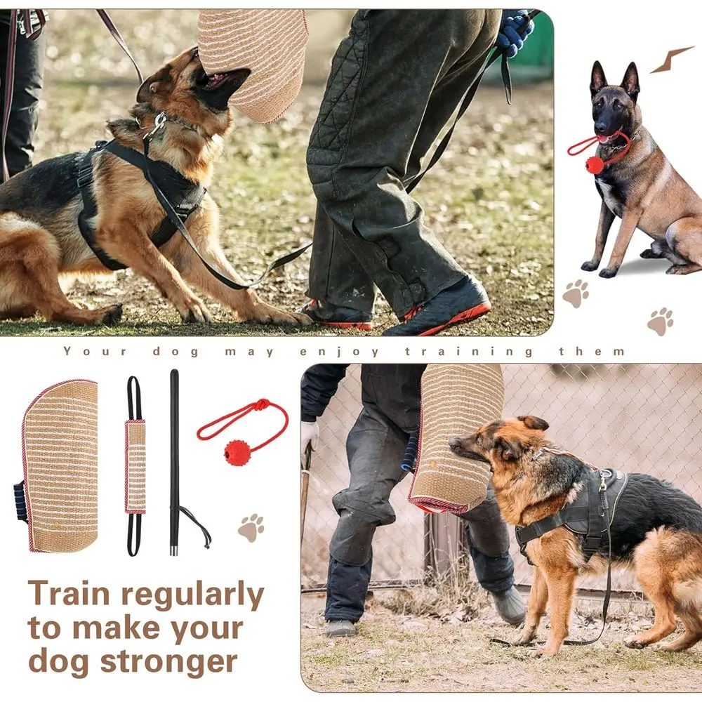 مجموعة معدات تدريب الكلاب: كم، وسادة، لعبة شد، عصا، كرة مطاطية للعض، جلب تدريب الجرو K9 (أحمر)