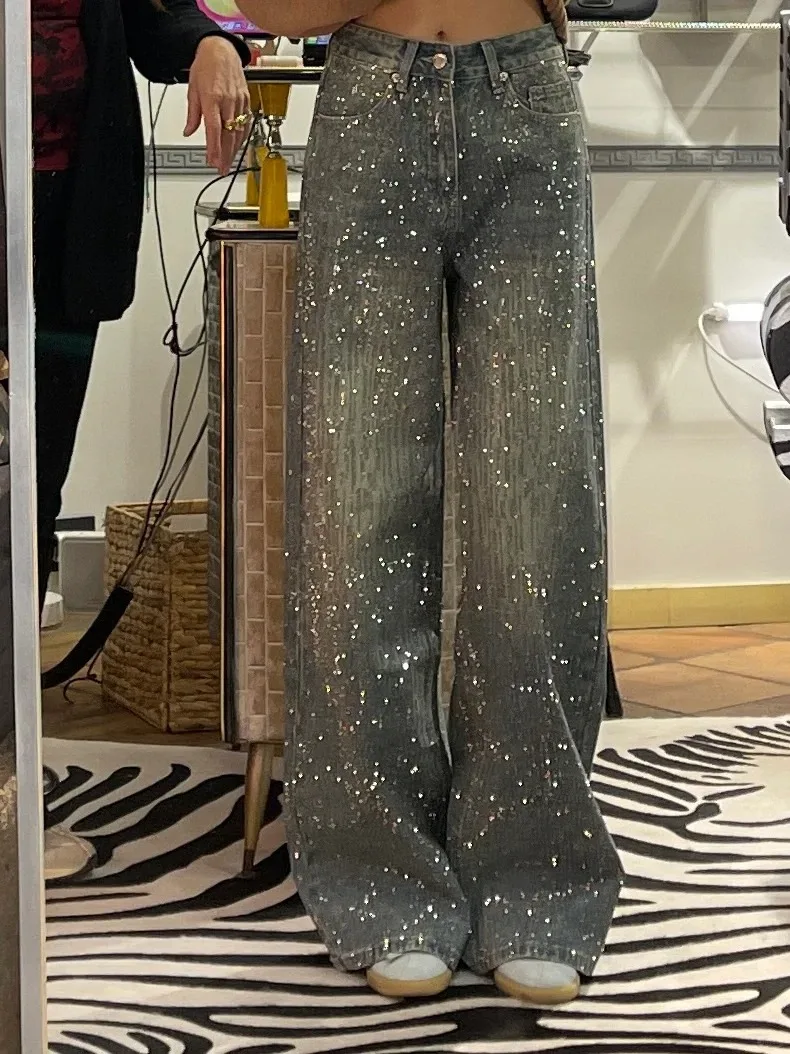 المرأة Y2k فضفاض الجينز Harajuku خمر حجر الراين سراويل جينز اليابانية 2000s نمط كبير الحجم واسعة الجينز السراويل الطويلة الملابس