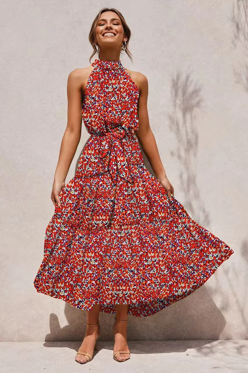 Women's Halter Neck Maxi Dress - Floral Print Boho Chic Smocked Waist Summer Beach Dress for Vacation Casual Wear