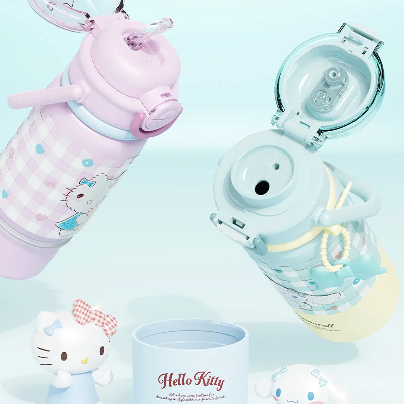 X&W Sanrio Cartoon Insulated Cup Hello Kitty Straw Thermal Mug with Handle＆Bow Pendant Summer Lovely Ice Tumbler Cups for Kids