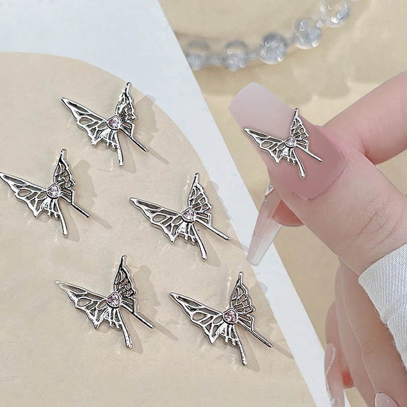 1 Pcs Alloy Silver Rhinestones Butterfly Decorations Glitter Colorful Handmade Organza Pink Rose Butterfly Nails Accessories