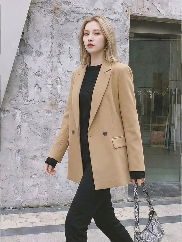 

HH Spring Blazer Coat For Women Vintage Solid Suit Jacket Double Breasted Long Sleeve Blazers Casual Offcie Lady Outwear