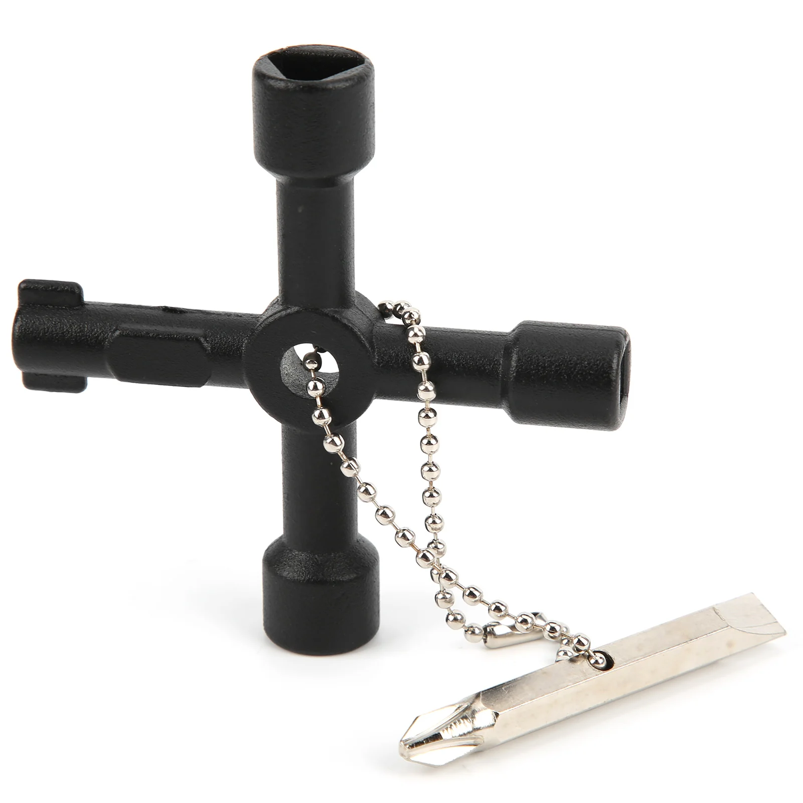 New Black Cross Key Wrench Metal 4-Way Universal Valve Key Compact With Beaded Chain Screwdriver Bit Key for Water Meter
