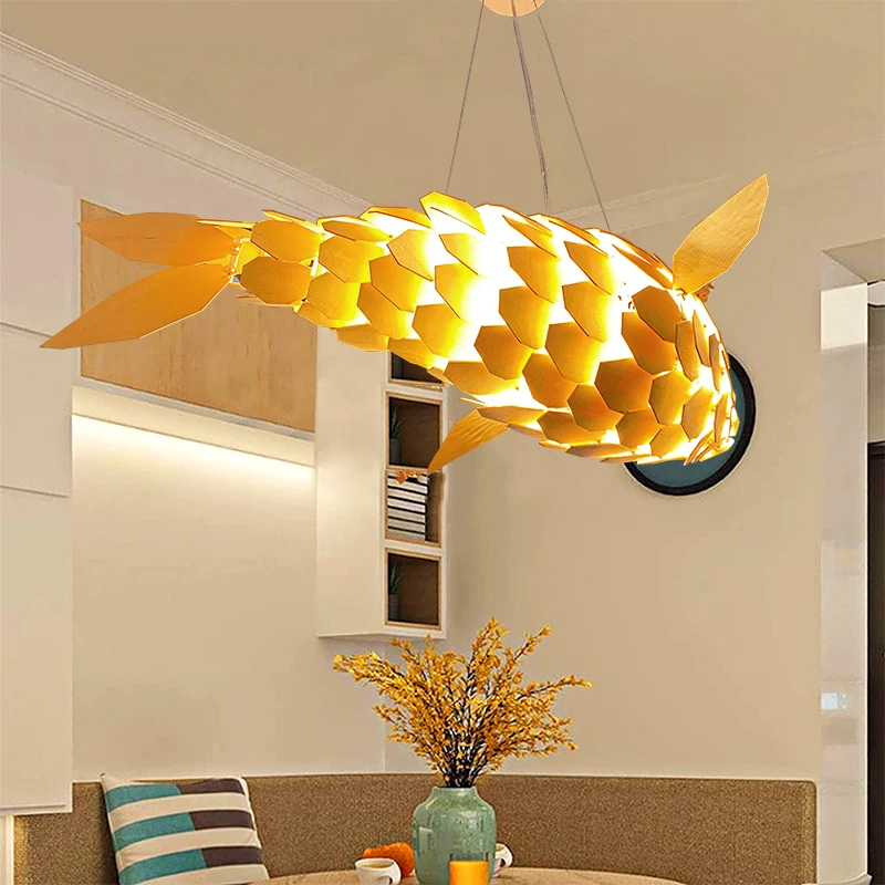 Wabi Sabi Handmade Wooden Fish Pendant Light Japanese Vintage LED hanging Light Living Room Hotel Lobby Club Dining Room Lights