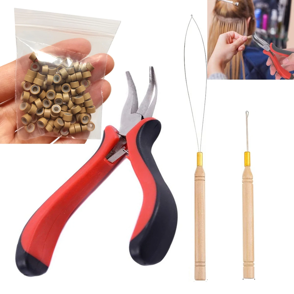 1Set Hair Extension Tools Kit I-tip Hair Extension Pliers Pulling Hook Bead Device Tool Kits and 100 Pcs Micro Links Rings Bead