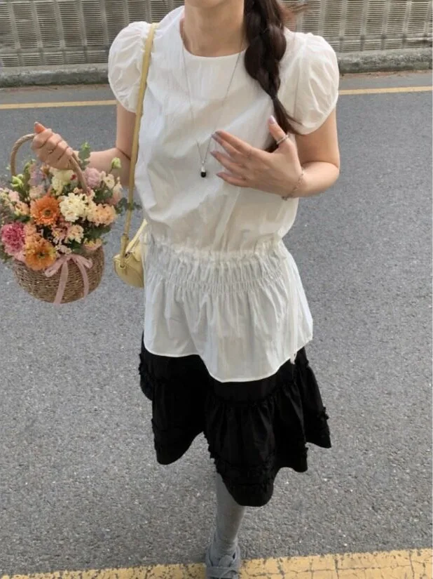 Unique Design Drawstring Bubble Sleeve Shirt Elastic Waist Half Skirt Korean Style Spring Autumn Winter Fashion Women's Clothing