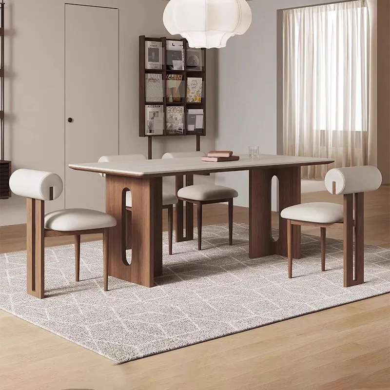 Medieval travertine rock slab dining tables combination luxury simple household rectangular dining table set of 6 chair pliante