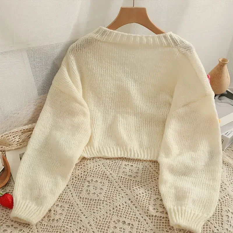 Cropped Cardigan 3D Flower V-neck Kawaii Retro Design All-match Mujer Sweater Tender Girlish Aesthetic Fall New Arrival Ulzzang