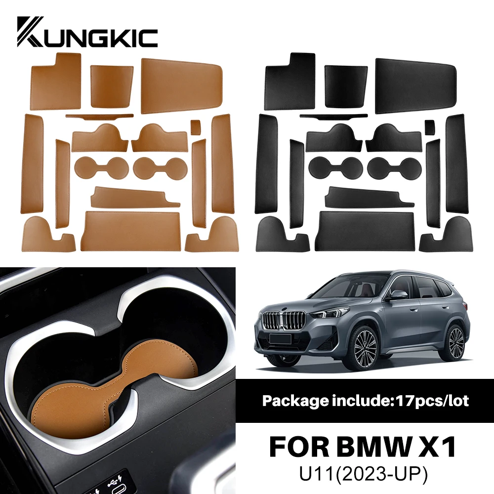 Leather Car Interior Door Slot Mats 17pcs for BMW X1 U11 2023 Non-Slip Cup Holder Coasters Pad Waterproof Dustproof Accessories