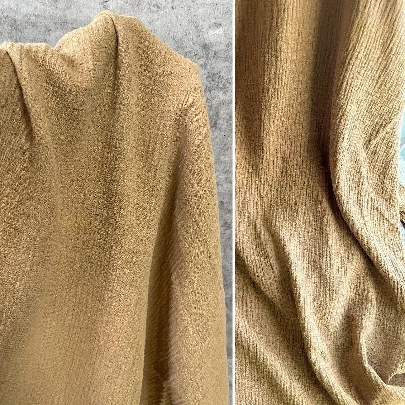 Camel Colored Washed Thickened Ramie Cotton Double-layer Pleated Fabric Retro Texture Pleated Dress Clothing Designer Fabric