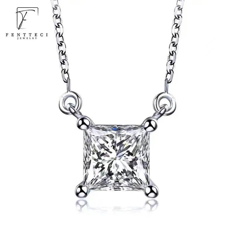 

FENTTECI Square D Color Moissanite Diamond Necklace For Women Solid 925 Sterling Silver Solitaire Pendant Wedding Fine Jewelry