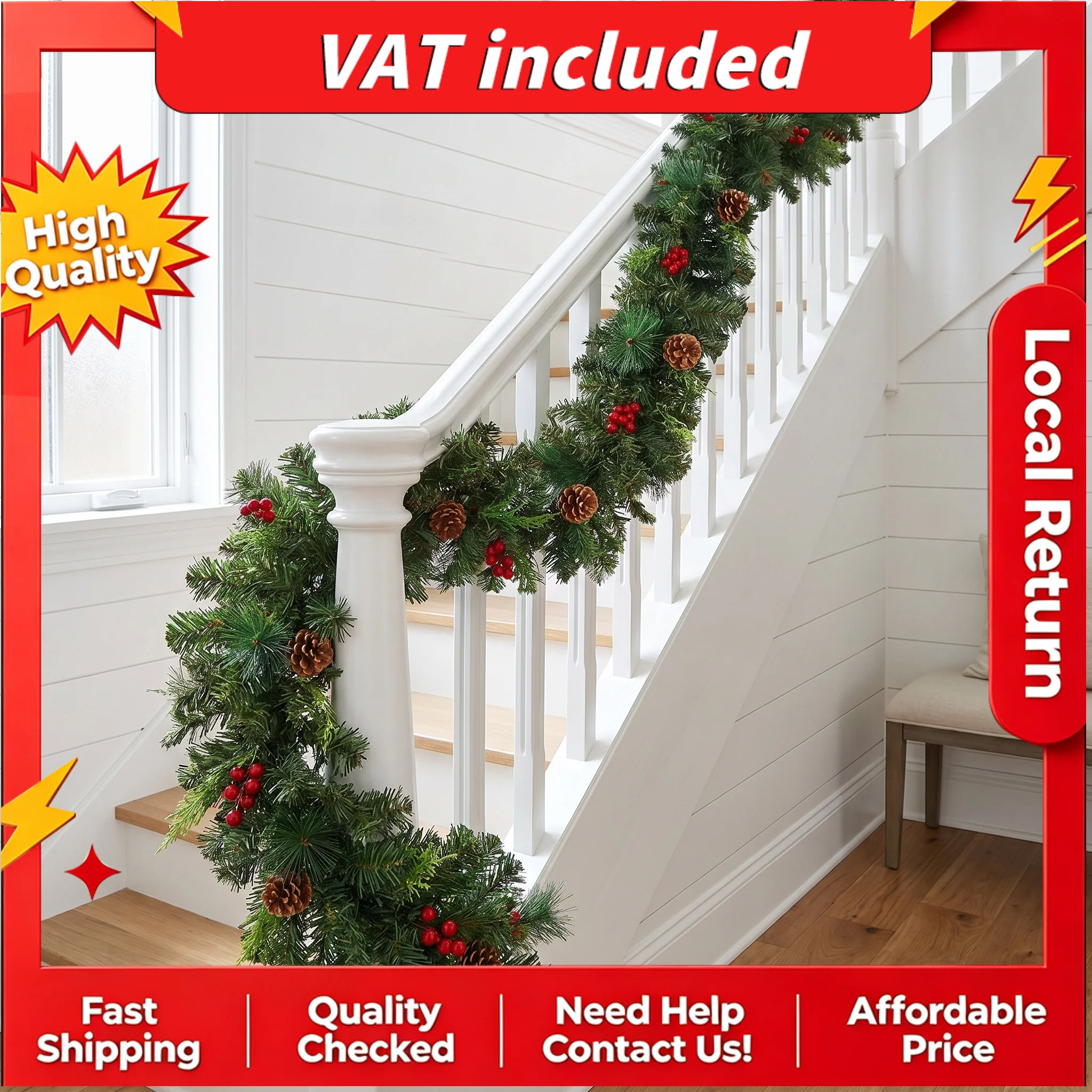 Ghirlanda natalizia con bacche e fiori, decorazione artificiale a forma di pino per l’albero di Natale, le scale, le porte e per decorare la casa.