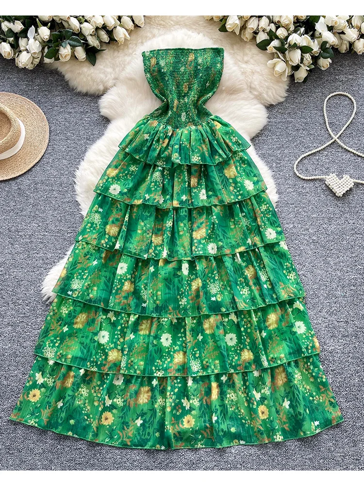 

Women Summer Vestidos European Style Temperament High-end Printed Strapless Waist Cinching Design Imperial Cake Dress DS189