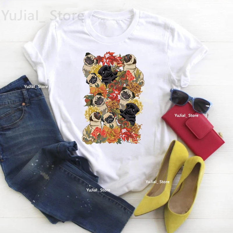 Pug And Friends Vegan Flowers Print T Shirt Girls Botanical French Bulldog/Chihuahua Dog Lover Tshirt Women Harajuku Shirt