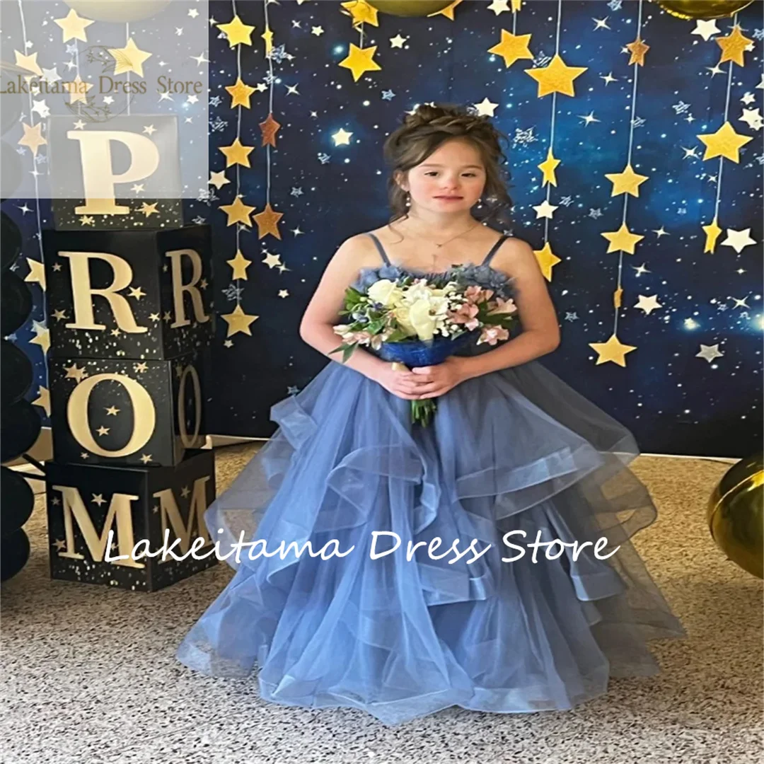 Blue Fluffy Princess Sleeveless Tulle Flower Girl Dress Customized Banquet Costumes for Dance Parties and Parties