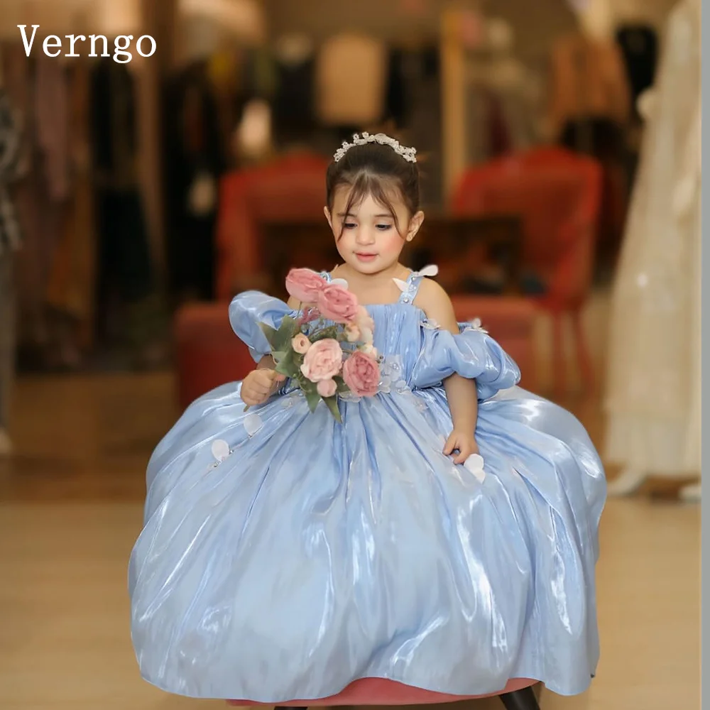 

Verngo Blue Shiny Satin Girl Flowers Dress Off The Shoulder Birthday Party Dress Celebrity Prom Gowns Customized
